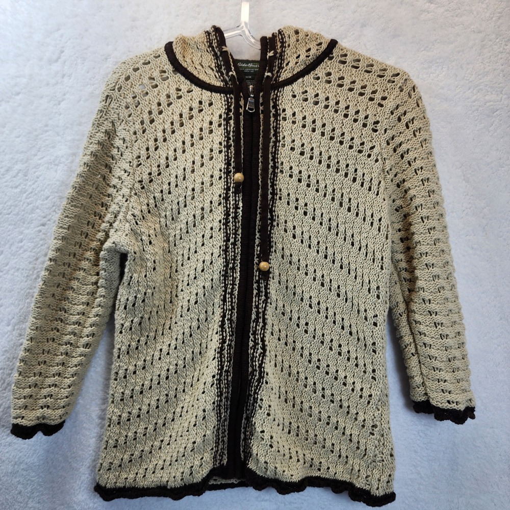 Eddie Bauer Crochet Hooded Cardigan Sweater Womens Medium Neutral Coquette Indie